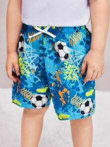 SHEIN Young Boy Loose Fit Casual Football Pattern Woven Swim Trunks - Blue - View 3