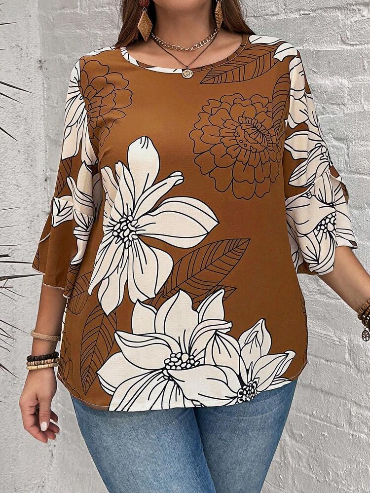 Women'S Plus Size Summer  Floral Printed Mom Black Shirt