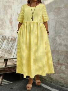 EMERY ROSE Plus Size Women's Summer Yellow Plaid Round Neck Short Sleeve Loose Long Cute Doll Dress With Pockets,Spring/Vacation - Yellow - View 3