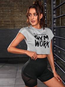 Yoga Trendy 女式标语图案短款运动T恤健身衫 - 淺灰色 - 查看 4