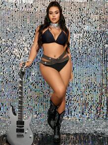 SHEIN Swim Curve Bottom de bikini de diseño cruzado de moda para mujeres de talla grande - Negro - Ver 4