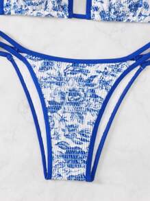 SHEIN Swim 女士度假植物印花露背系带性感比基尼套装夏季 - 藍白色 - 查看 4