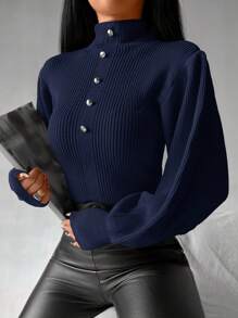 EURMUSE Mock Neck Lantern Sleeve Half Button Sweater - Black - View 4