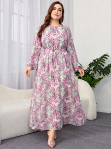 Al Najma 大码圆领花卉印花长袖朴素连衣裙 - 彩色 - 查看 6