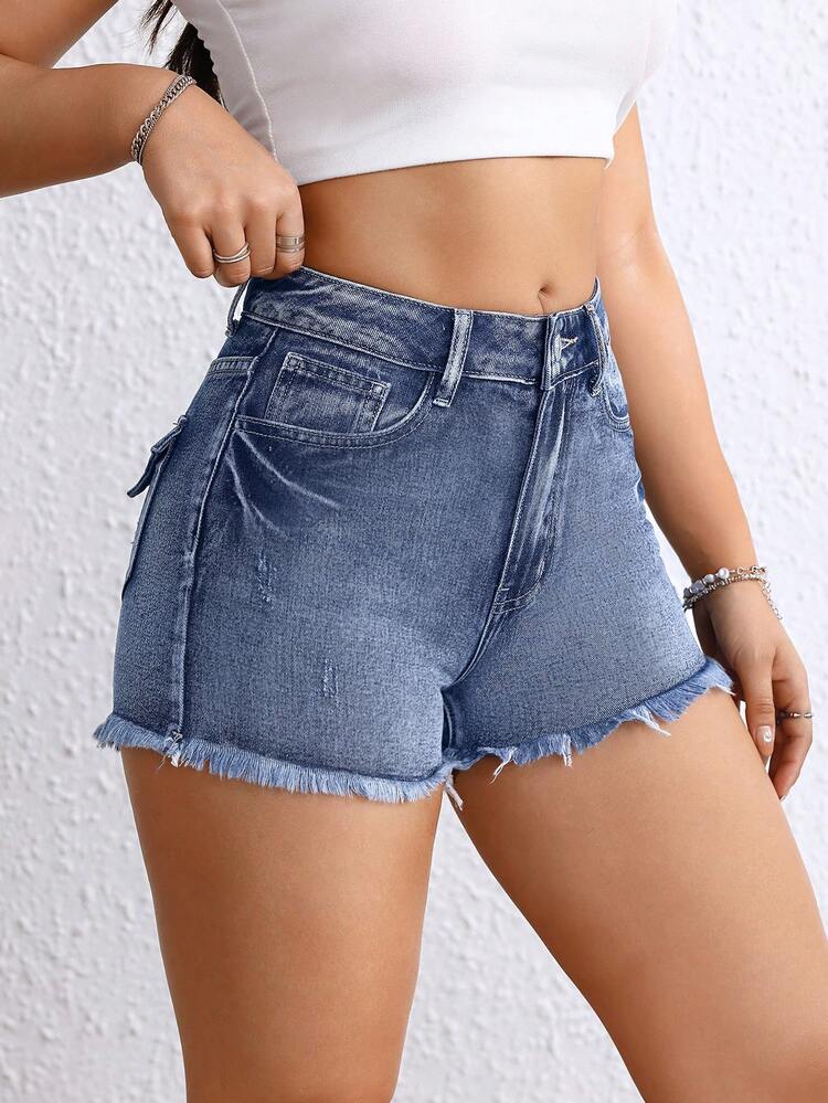 Women's Solid Color Simple Style Denim Shorts, Casual Wear