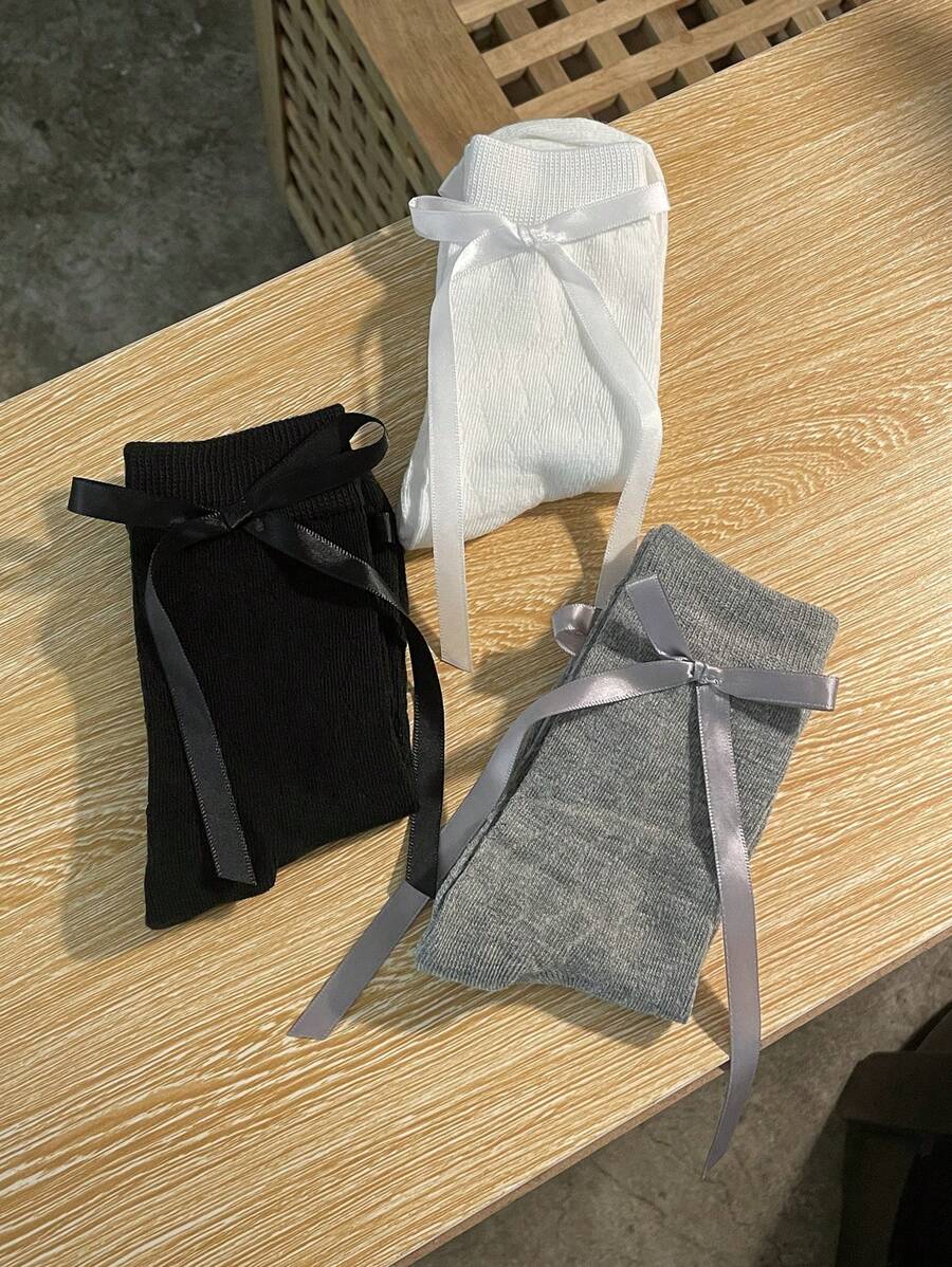 DAZY Ballet Style Solid Color Mid-Calf Socks With Bow Decorations - Multicolor - View 1