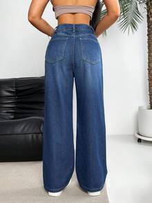 SHEIN EZwear Quần jean ống đứng thông thường dành cho nữ, denim đã giặt - Màu xanh lam - Xem 5