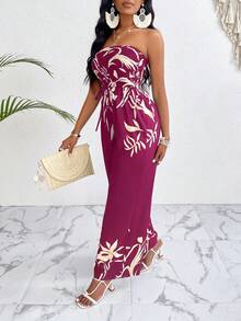 SHEIN Slayr 帶束帶和花卉葉子印花寬腿連身褲 - 玫紅色 - 查看 4