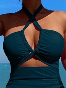 Swim Vcay Women's Solid Color Halter Neck Backless One-Piece Swimsuit For Beach Vacation Summer - Teal Blue - View 3