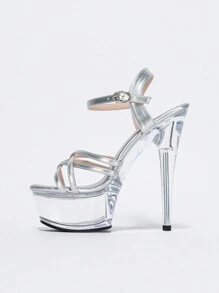 女性尖頭透明水晶細高跟平台職業休閒T型時尚婚禮晚宴涼鞋 - 銀色 - 查看 2