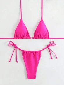 SHEIN Swim Ensemble bikini femme, de couleur unie avec col ras-du-cou et bas en string, parfait pour des vacances à la plage