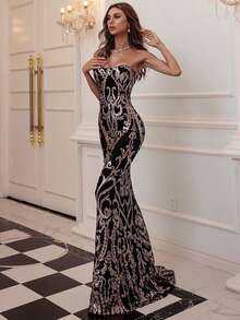 Elegant Strapless Full Sequin Dress, Formal Dress