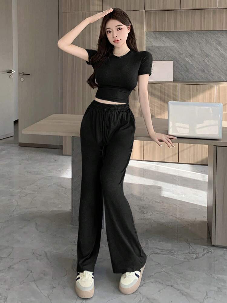 Women's Fashionable Simple Daily Short Sleeve Top And Long Pants 2pcs/Set Outfits Summer Lounge Sets For Women