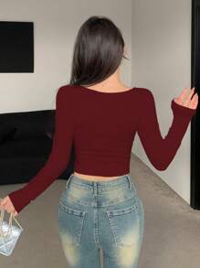 DAZY Damen Frühling/Sommer einfarbiges Crop Slim Langarm T-Shirt mit quadratischem Ausschnitt für Ausgehen, Herbstkleidung, Schulkleidung