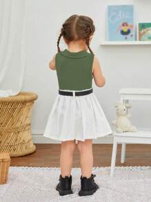 SHEIN Baby Girl Sleeveless Top With Pleated Skirt And Belt Set, Spring/Summer - Green - View 2