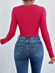 EURMUSE Fringe Hem Crop Tee - Hot Pink - View 2