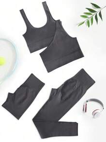 SHEIN Sport Studio Conjunto deportivo informal para mujer de diseño sólido y ajuste slim para entrenamiento