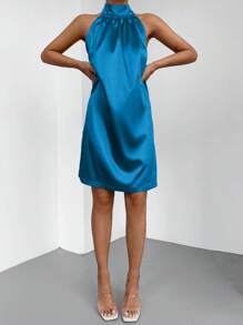 RueChic Solid Halter Neck Tie Back Dress - Blue - View 4