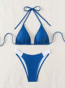 SHEIN Swim Women Solid Color Halter Neck Sexy Two-Piece Bikini Set For Vacation Summer