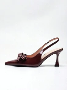 Women's High-Heeled Pointed-Toe Fashion Patent Leather Burgundy Shoes With Bow Knot And Back Straps - Burgundy - View 3