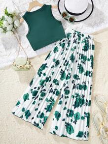 SHEIN Tween Mädchen Sommer-Oberteil in Einfarbig mit Rundhalsausschnitt und plissierter Hose mit weitem Bein und Blumenmuster, lässiges, lockeres 2 Stücke Outfit, Urlaub, Sommer, Reisen