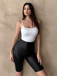 SHEIN Essnce Pu Leather Shorts High Waisted Shorts Women Shorts 2- Pockets  Black High-Waisted Stretchy Leggings, Summer