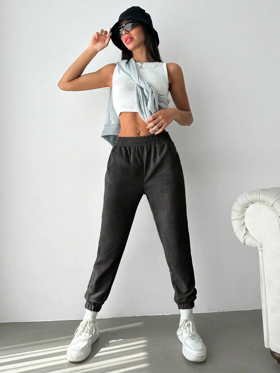 EURMUSE Women's Solid Color Elastic Waist Belted Jogger Pants With Pockets - Multicolor - View 1