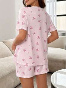 Maternity Floral Lace Patchwork Button Front Short Sleeve Top & Shorts Pajama Set - Baby Pink - View 2