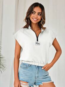 EURMUSE Letter Patched Half Zip Batwing Sleeve Sweatshirt - White - View 5