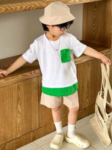 SHEIN 3入組年輕男孩彩色拼接圓領3D工作服口袋襯衫，帶有分裂設計的透氣短褲和防曬漁夫帽，適合度假和日常穿著 - 白色 - 查看 4