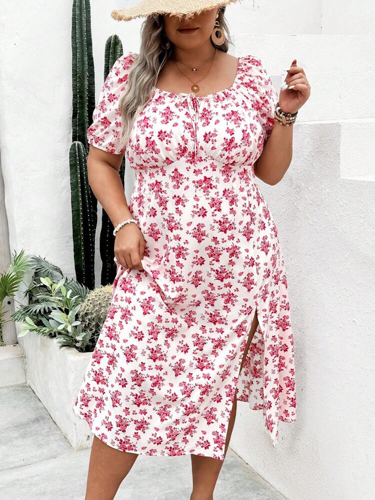 Plus Size Floral Print High Waist Slit Dress For Summer