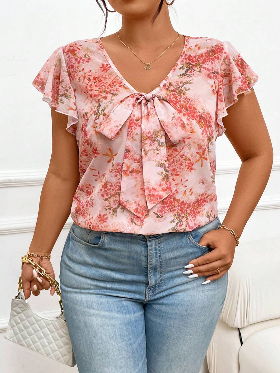 SHEIN Frenchy Áo sơ mi thường ngày in hoa cỡ lớn dành cho nữ, kiểu dáng đơn giản của Bridgerton - Hồng - Xem 1