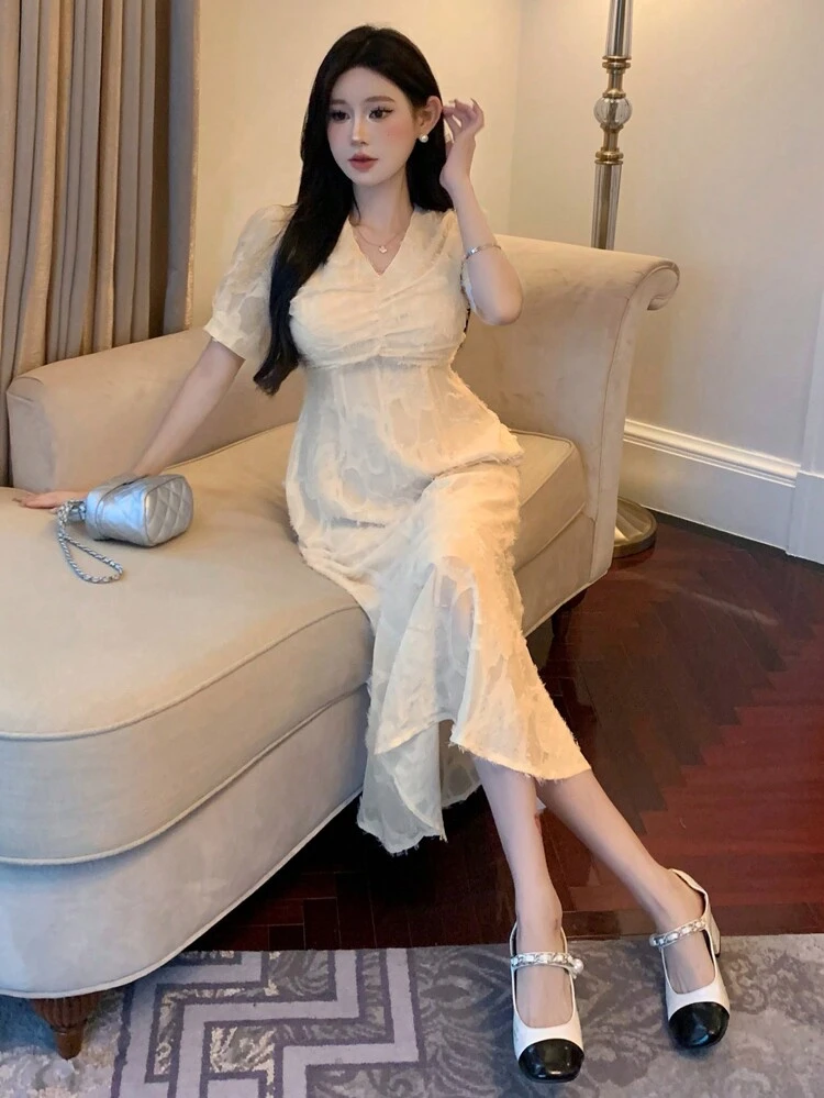 Elegant Solid Color Puff Sleeve Dress For Women, Summer, With Waistline And Fish Tail Design, Birthday Prom Dress,Ruffle,Dress For Wedding Maxi Dress