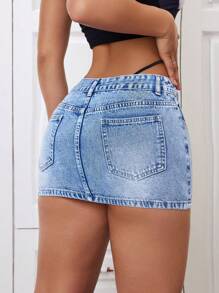SHEIN ICON Women's Sexy Low Waist Washed Denim Mini Skirt - Medium Wash - View 2