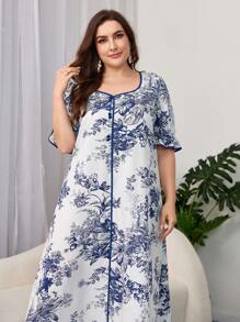 Al Najma Plus Size Summer Elegant Plant Printed Ruffle Sleeve Long Dress - Multicolor - View 4