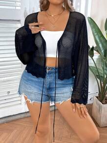 SHEIN VCAY Plus Size Women's Vacation Crop Cardigan Top - Black - View 5