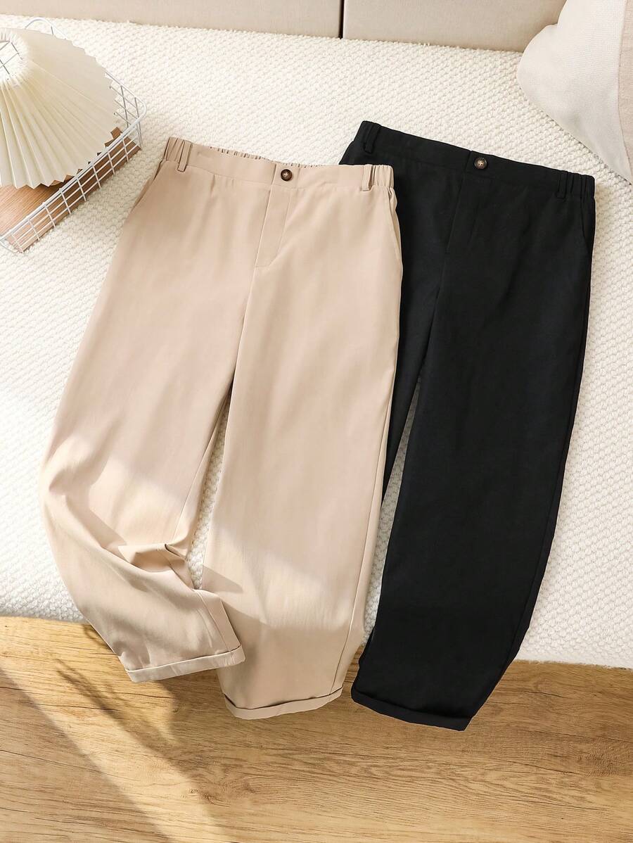 SHEIN Casual Straight Leg Solid Woven Pants With Side Pockets For Tween Boys, Multipack Of 2 (One In Each Color), Daily Wear - Multicolor - View 1