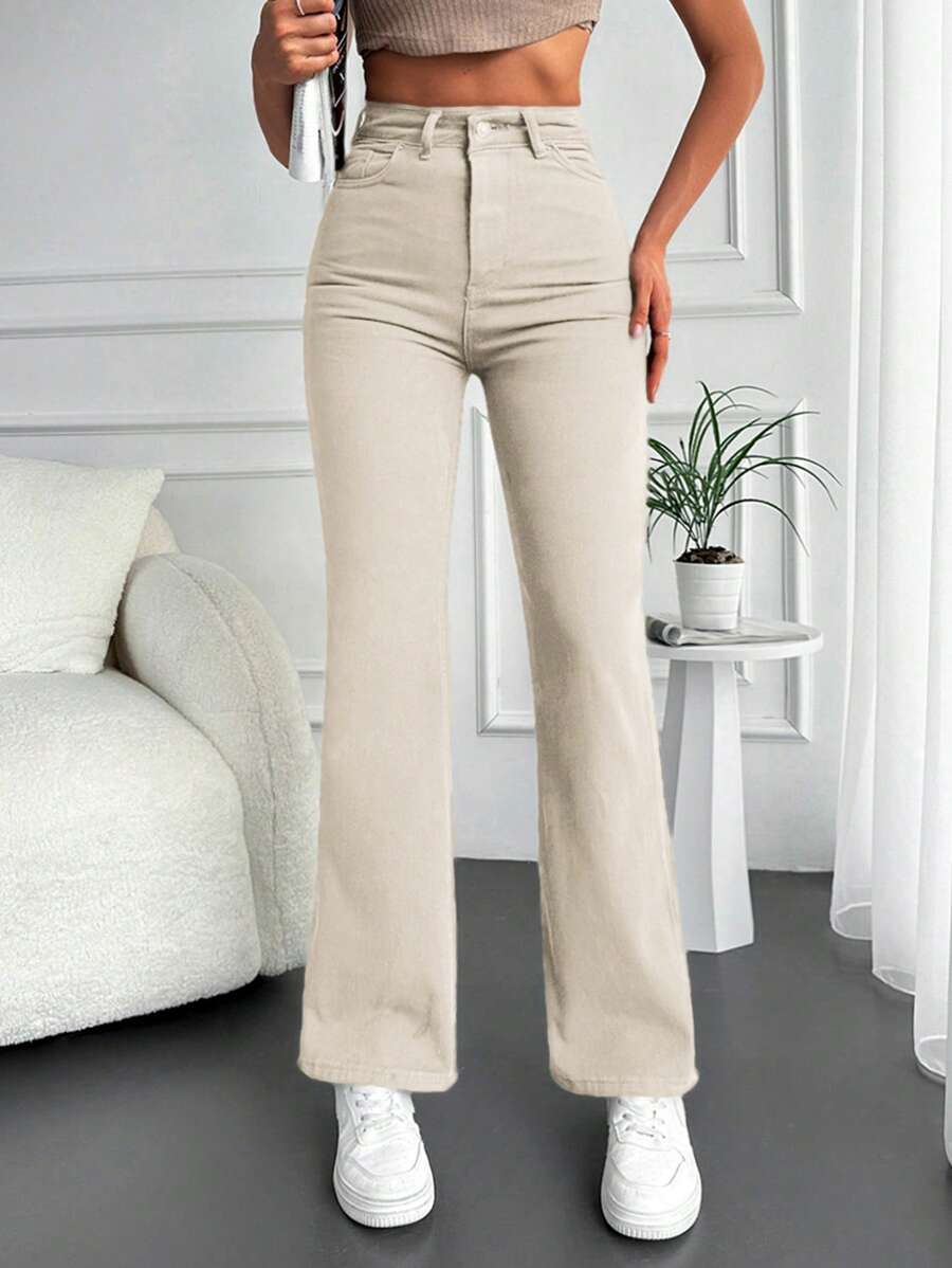 Women Loose Straight-Leg Jeans For Everyday Casual Wear With Pockets - Beige - View 1