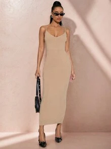 SHEIN BAE 高弹力基本款扭结露背性感连衣裙，婚礼宾客夏季连衣裙，夏季连衣裙，休闲夏季连衣裙 - 藍色 - 查看 2