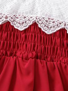 Vestido de manga corta para fiesta de verano con parche de encaje elegante y de moda para niña joven - Rojo - Ver 6