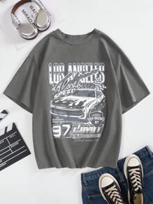 SHEIN EZwear Áo thun tay lỡ in chữ thời trang mùa hè cho nữ, Unisex - Màu xám đen - Xem 4