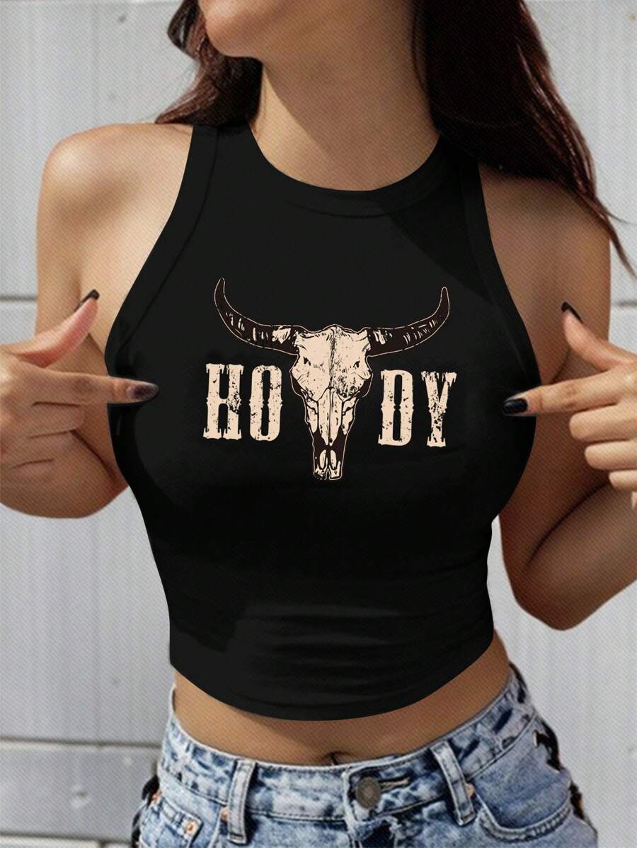 SHEIN EZwear 休闲简约牛头字母图案圆领修身女式背心，含棉，适合夏季 - 黑色 - 查看 1