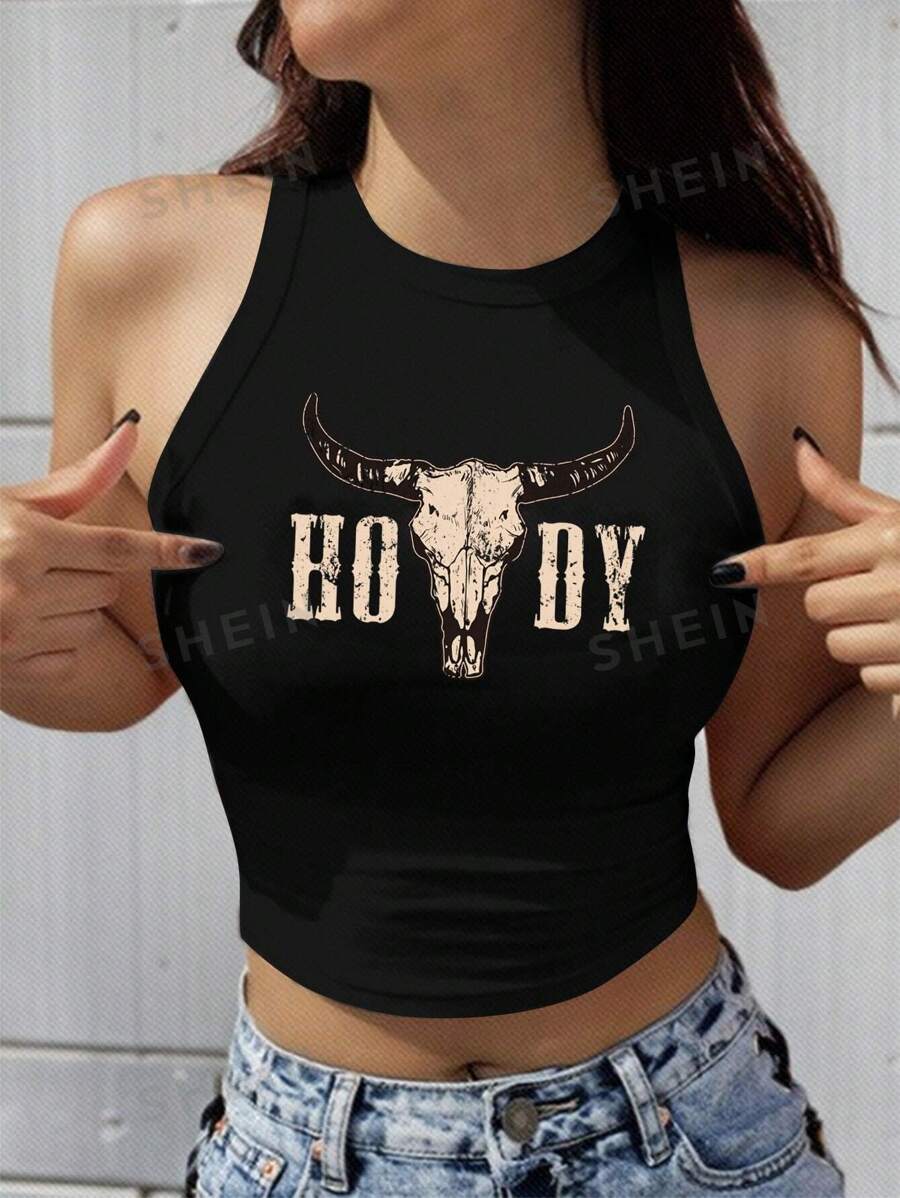 SHEIN EZwear Top ajustado de mujer de cuello redondo con estampe de letra y cabeza de vaca, estilo minimalista y casual, fabricado en algodón, apto para el verano