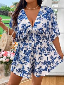 Vionelle 大码波西米亚风深 V 领花卉印花连体衣，夏日度假风格 - 藍白色 - 查看 7