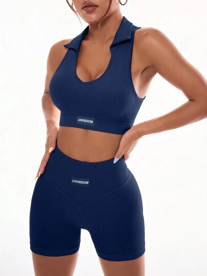 Easithlete 无缝高弹力瑜伽运动高领罗纹运动胸罩和高腰短裤套装女士健身套装女士健身套装