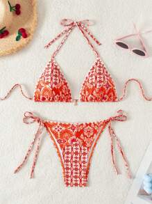 SHEIN Swim طقم بيكيني بياقة حالتر مربوطة ومطبوع بطبعات زهرية للنساء للمناسبات الصيفية والعطلات - متعدد الألوان - مشاهدة 1