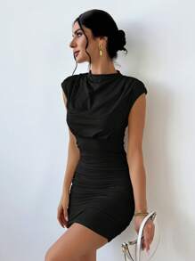 Aloruh Đầm ngắn ôm sát đơn giản với cổ đứng, tay ngắn kiểu cánh bướm và xếp ly, thích hợp cho phụ nữ đi chơi, màu mơ. - màu đen - Xem 1