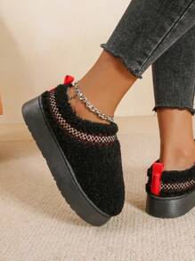 女士時尚短靴，2024年冬季新品，圓頭厚底平台仿短毛絨雪地靴，增高防滑鞋跟，保暖舒適，皮革和針織一體化設計