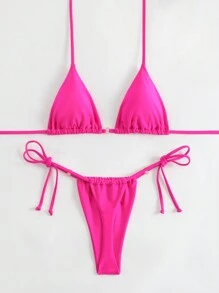 SHEIN Swim Ensemble bikini femme, de couleur unie avec col ras-du-cou et bas en string, parfait pour des vacances à la plage