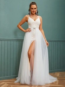 Lace Spaghetti Strap V-Neck Tulle Wedding Dress With Detachable Train And High Waist Long Dress For Bride - Apricot - View 4